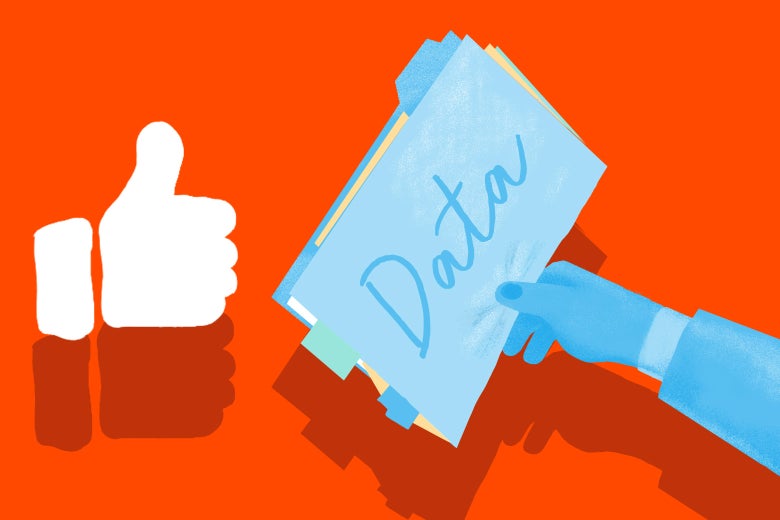 A Facebook thumbs-up receiving a dossier of data.